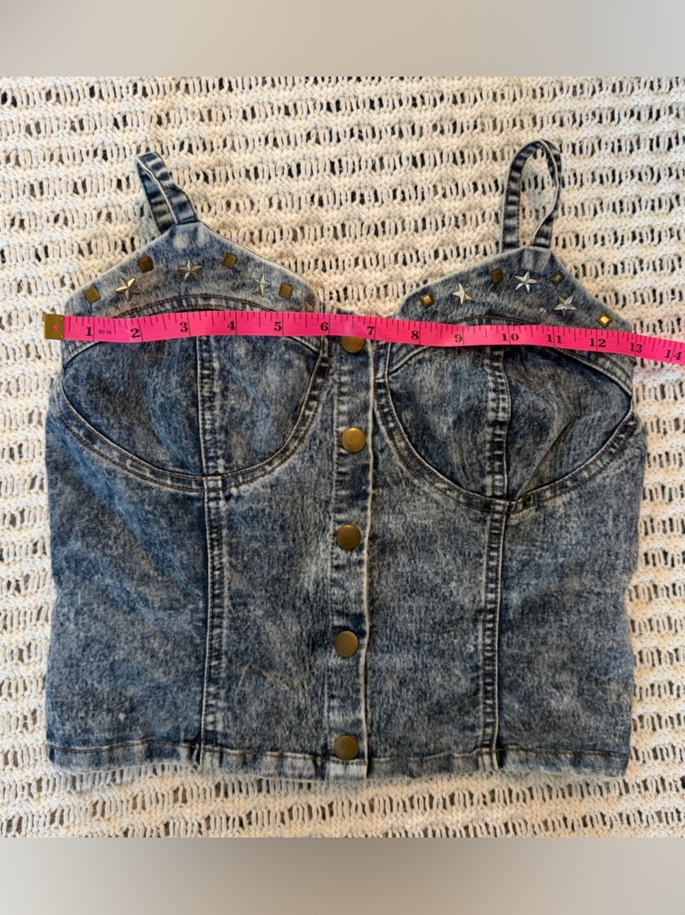 DREAM OUT LOUD Y2K Vintage Acid Wash Denim Bustier Star Stud Crop Top Size M - Picture 8 of 9